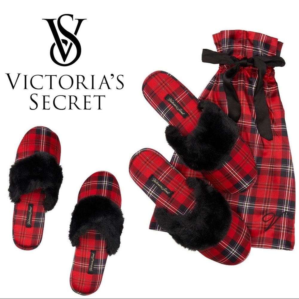 NEW still in package Victoria Secret Satin Red Plaid Slippers womans size 7/8